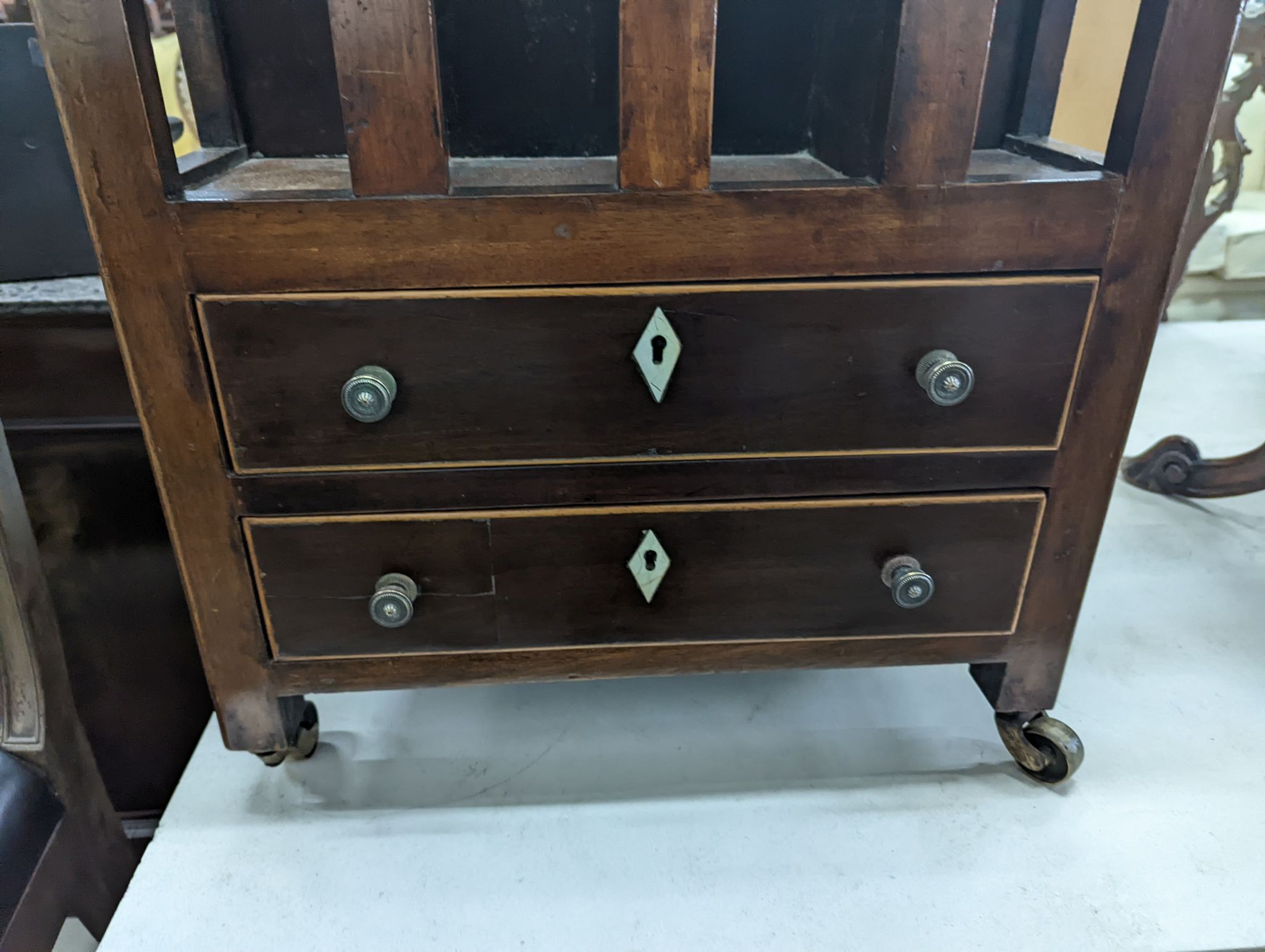 A George III mahogany bottle stand, fitted drawers, width 48cm, depth 33cm, height 62cm